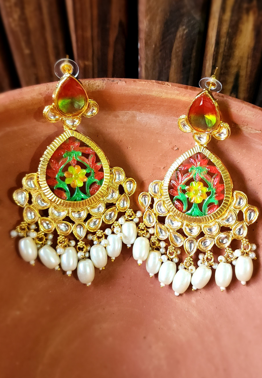 Aasavari Red Green Carved Stone Jhumar Earrings