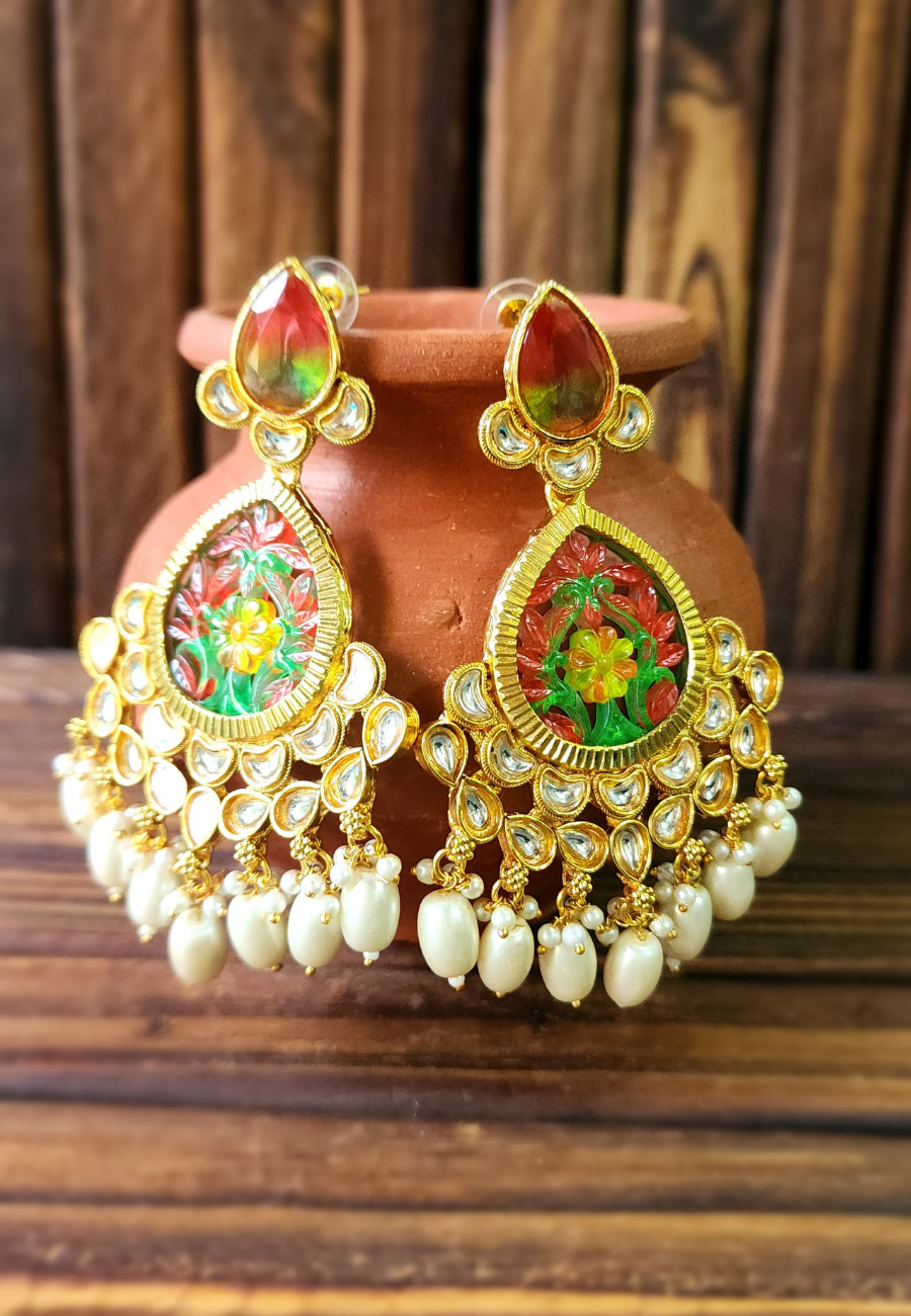 Aasavari Red Green Carved Stone Earrings