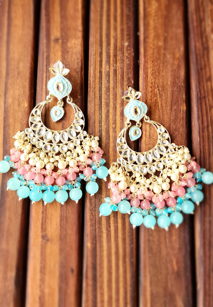 Taara Pink Blue Kundan Chandbali Earrings