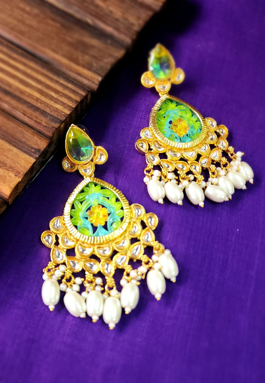 Aasavari Green Yellow Carved Stone Earrings