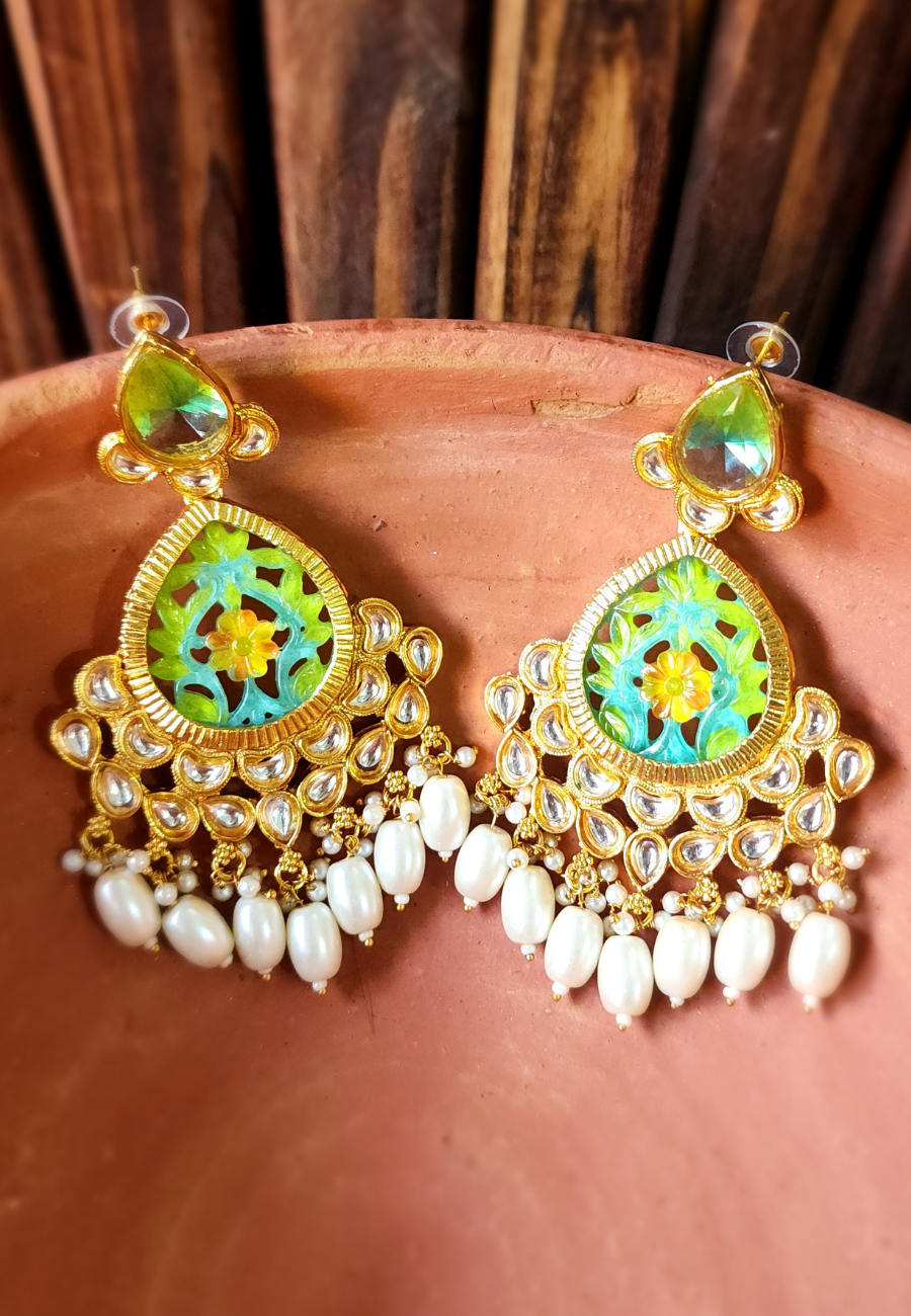 Aasavari Green Yellow Carved Stone Jhumar Earrings