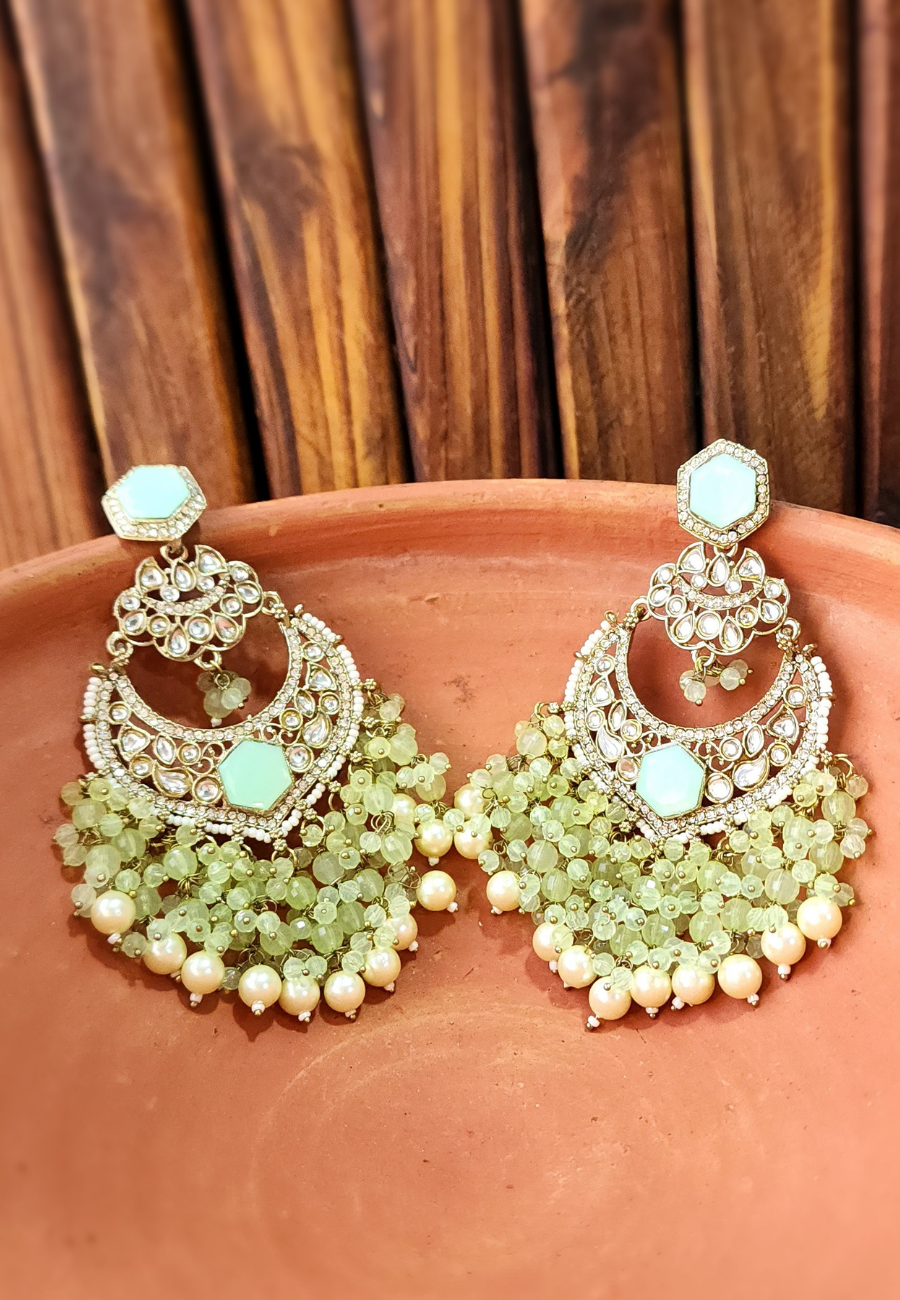 Nazma Mint Green Pearls Chandbali Earrings