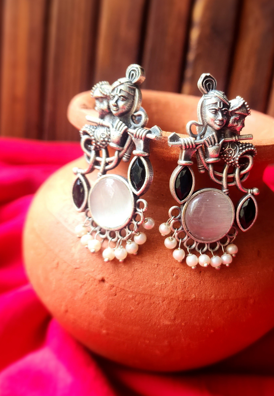 Baasuri Grey Monalisa Oxidized Dangler Earrings