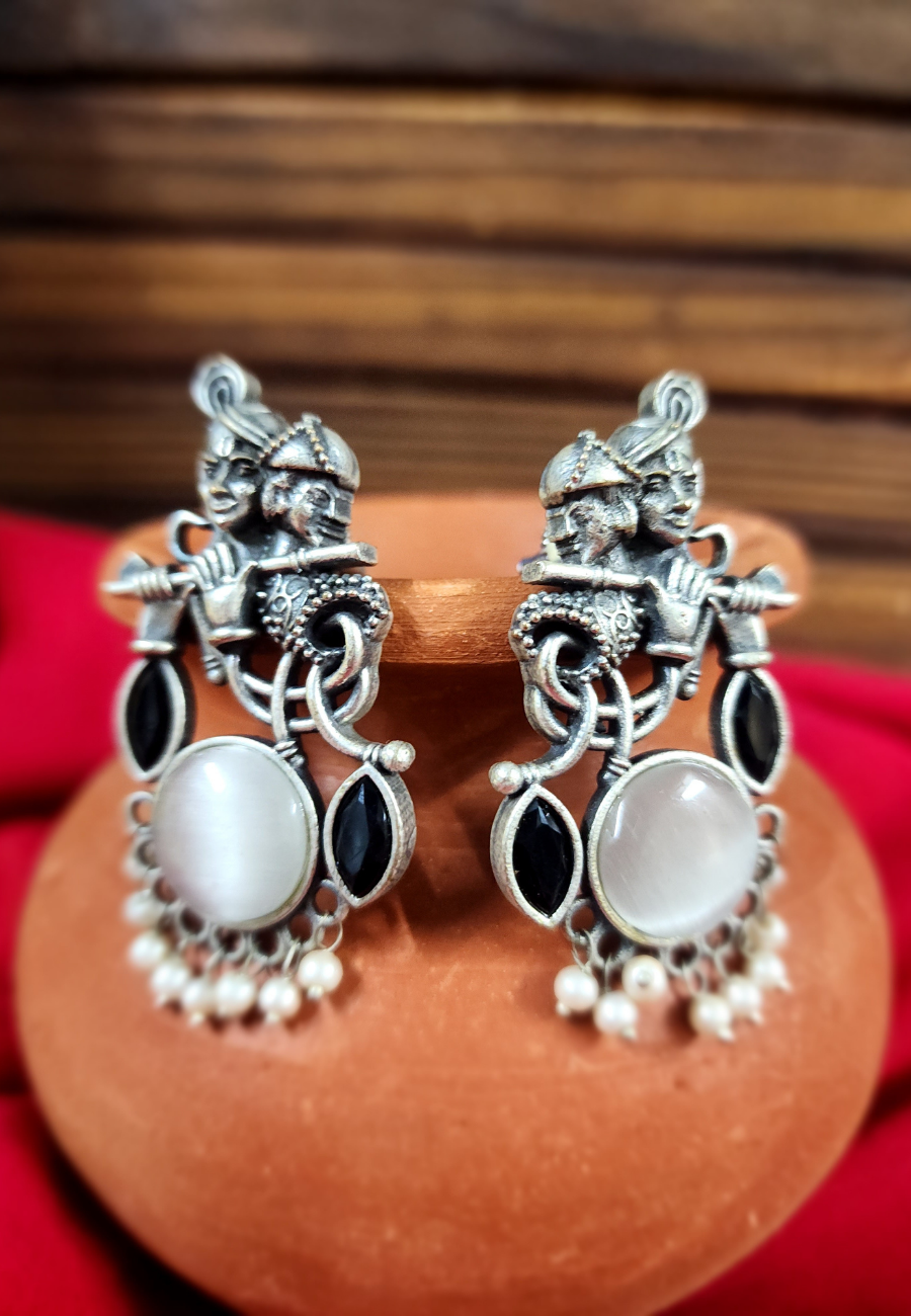 Baasuri Grey Monalisa Oxidized Dangler Earrings