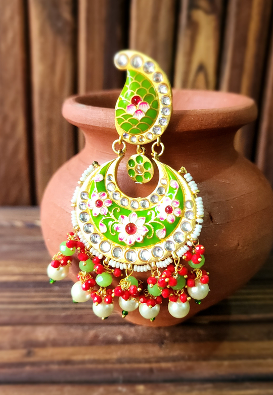 Koyal Green Red Meenakari Chandbali Earrings