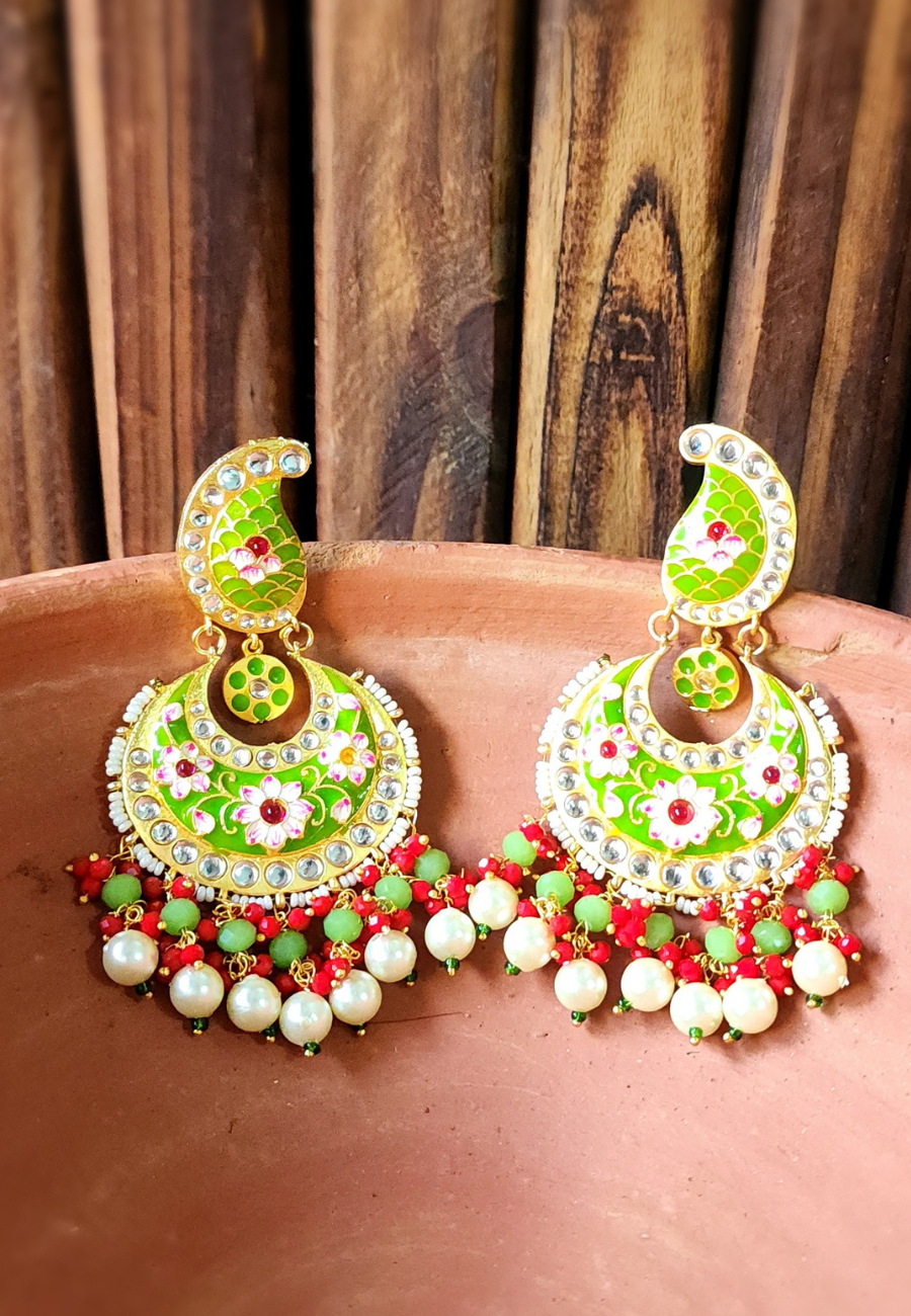 Koyal Green Red Meenakari Chandbali Earrings