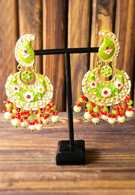 Koyal Green Red Meenakari Chandbali Earrings