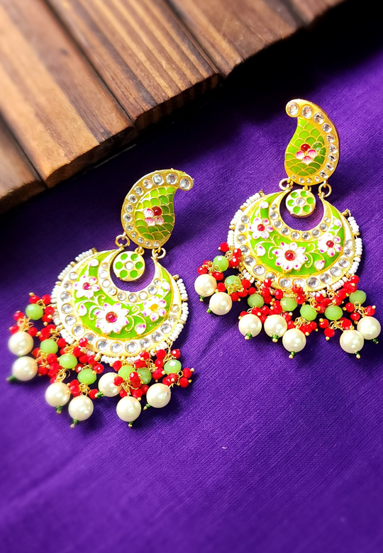 Koyal Green Red Meenakari Chandbali Earrings