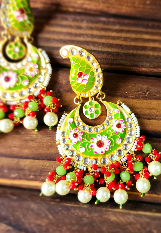 Koyal Green Red Meenakari Chandbali Earrings
