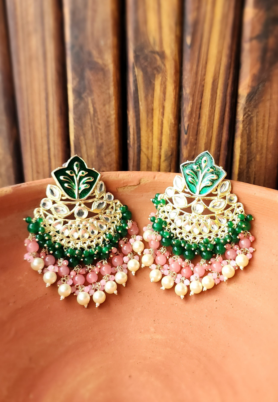 Ulfat Peach Green Meenakari Chandbali Earrings