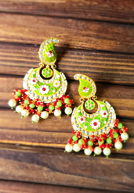 Koyal Green Red Meenakari Chandbali Earrings