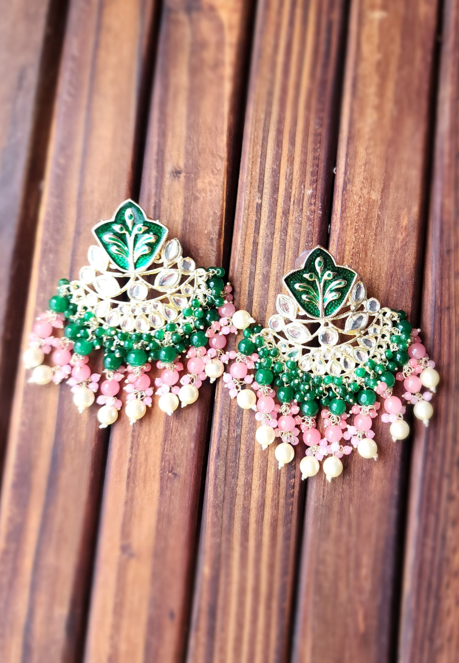 Ulfat Peach Green Meenakari Chandbali Earrings