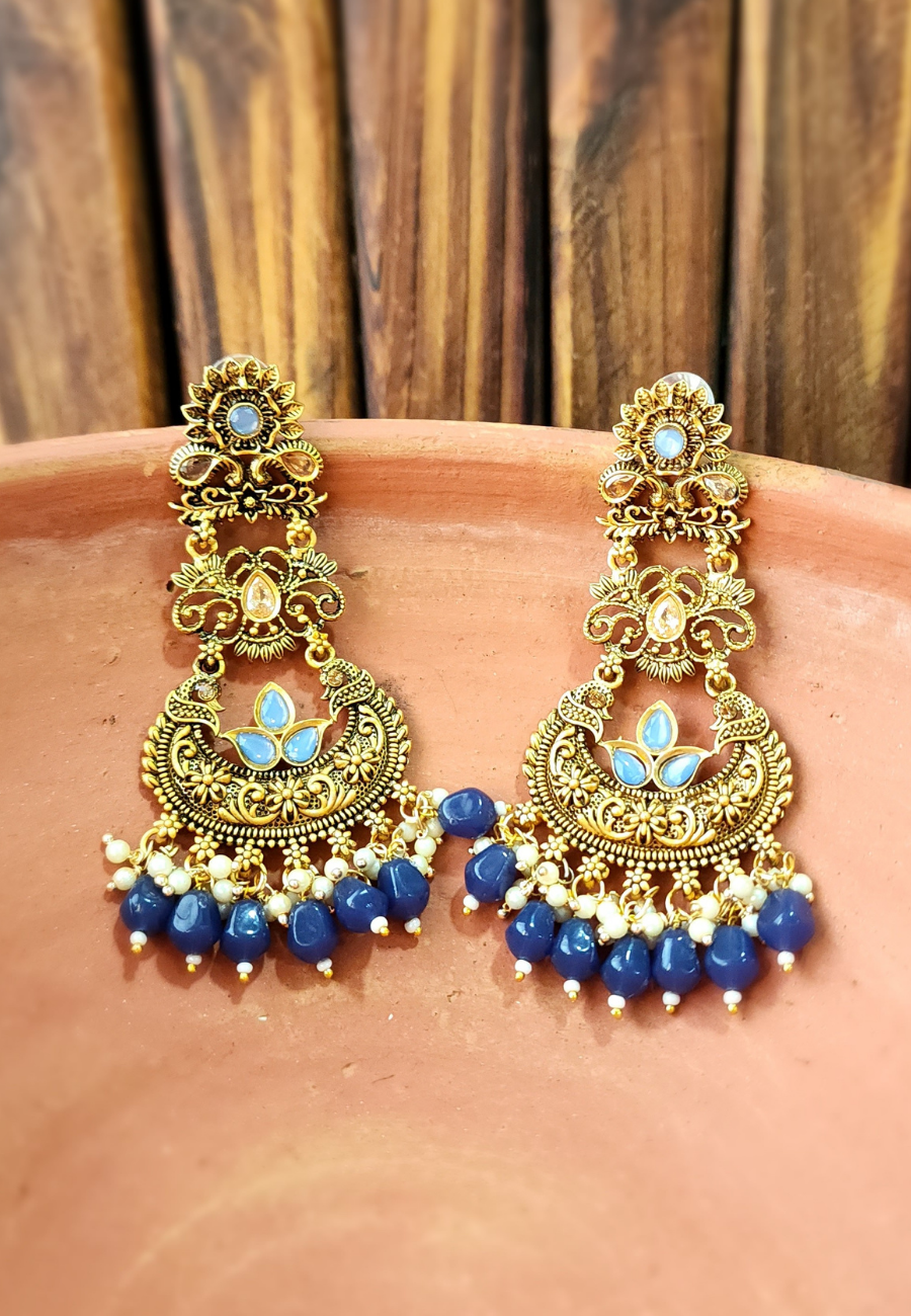 Alakana Blue Antic Temple Jhumar Earrings