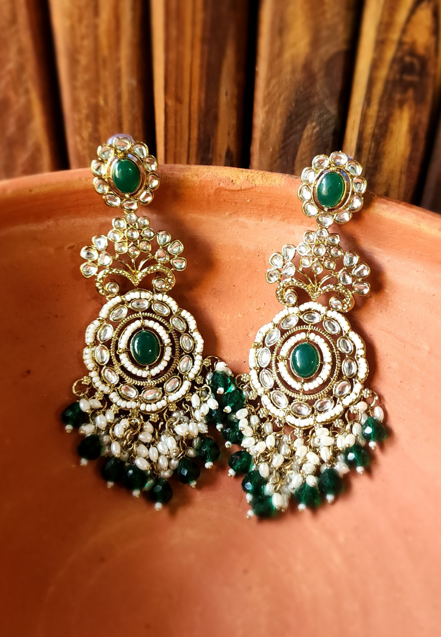 Nazm Emerald Green Kundan Jhumar Earrings