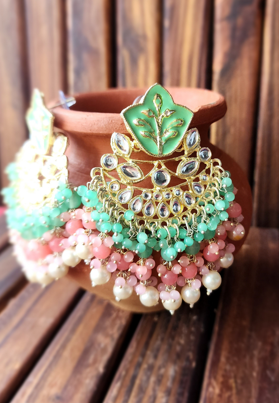 Ulfat Peach Mint Meenakari Chandbali Earrings