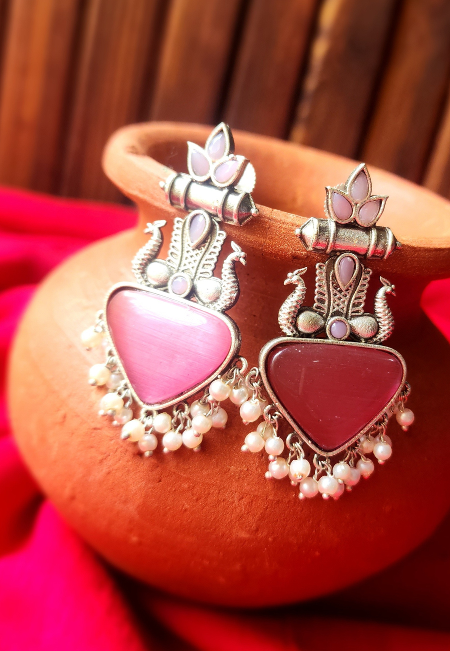 Dhriti Pink Monalisa Oxidized Dangler Earrings