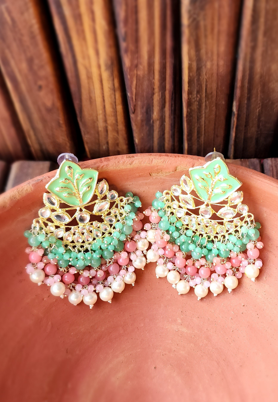 Ulfat Peach Mint Meenakari Chandbali Earrings