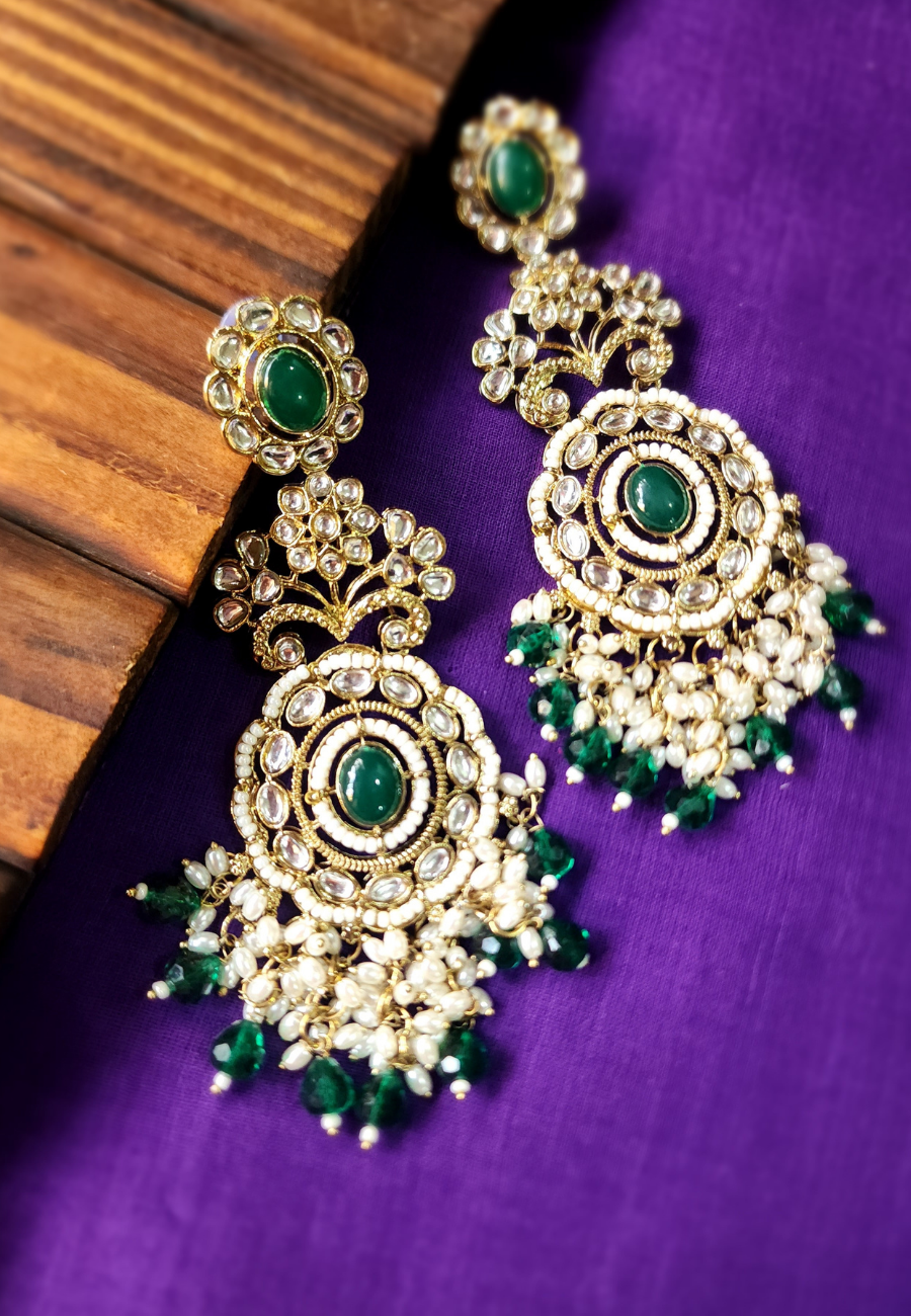 Nazm Emerald Green Kundan Jhumar Earrings