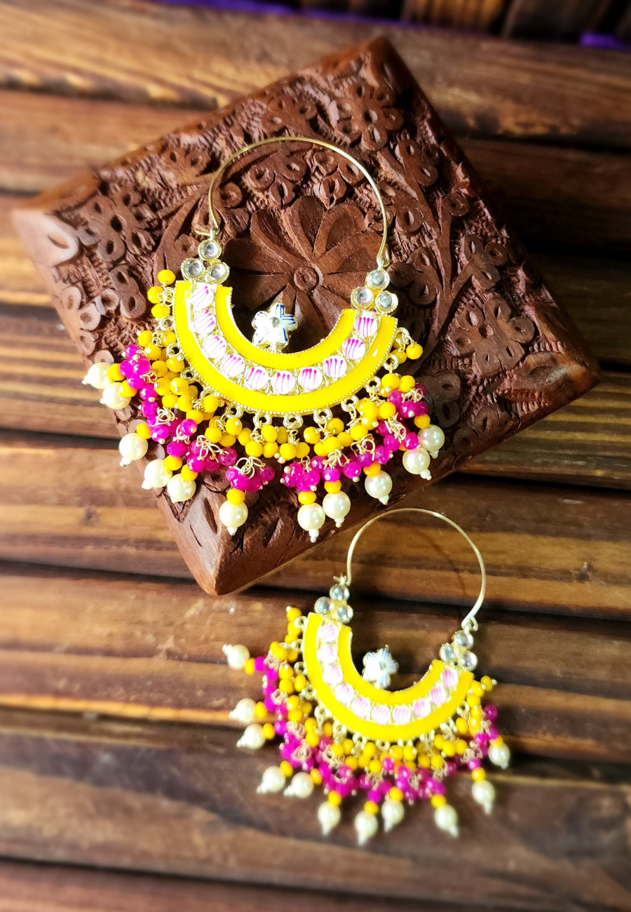Nargis Yellow Rani Meenakari Chandbali Earrings