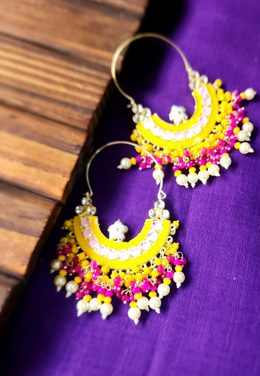 Nargis Yellow Rani Meenakari Chandbali Earrings