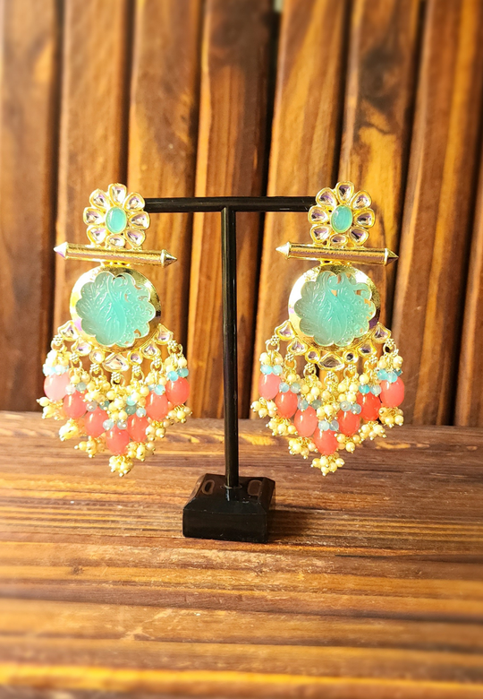 Dua Sky Blue Peach Carved Stone Earrings