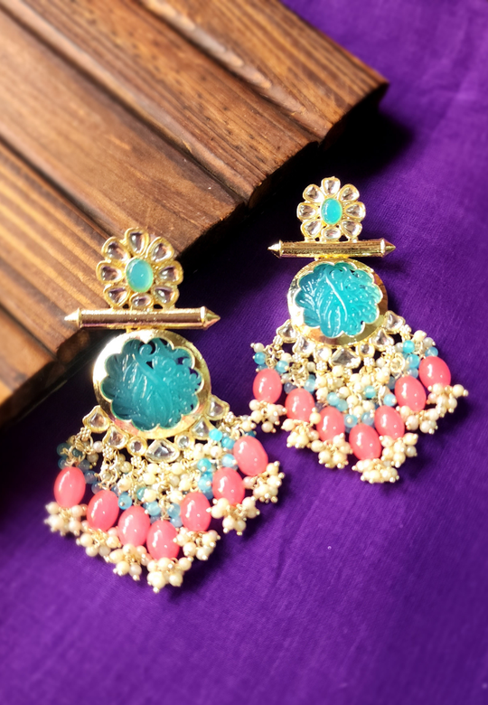 Dua Sky Blue Peach Carved Stone Earrings