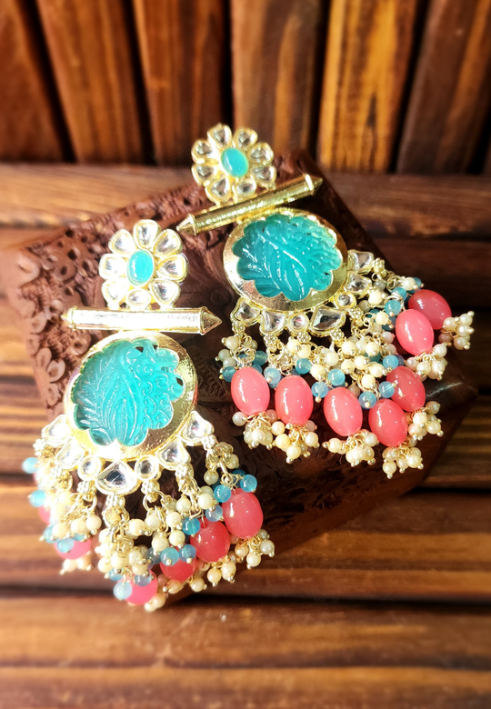 Dua Sky Blue Peach Carved Stone Earrings