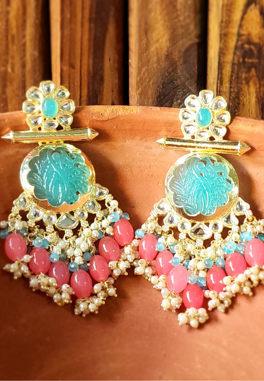 Dua Sky Blue Peach Carved Stone Earrings