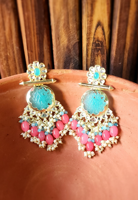 Dua Sky Blue Peach Carved Stone Earrings