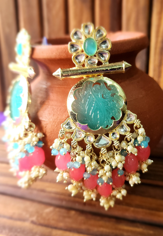 Dua Sky Blue Peach Carved Stone Earrings