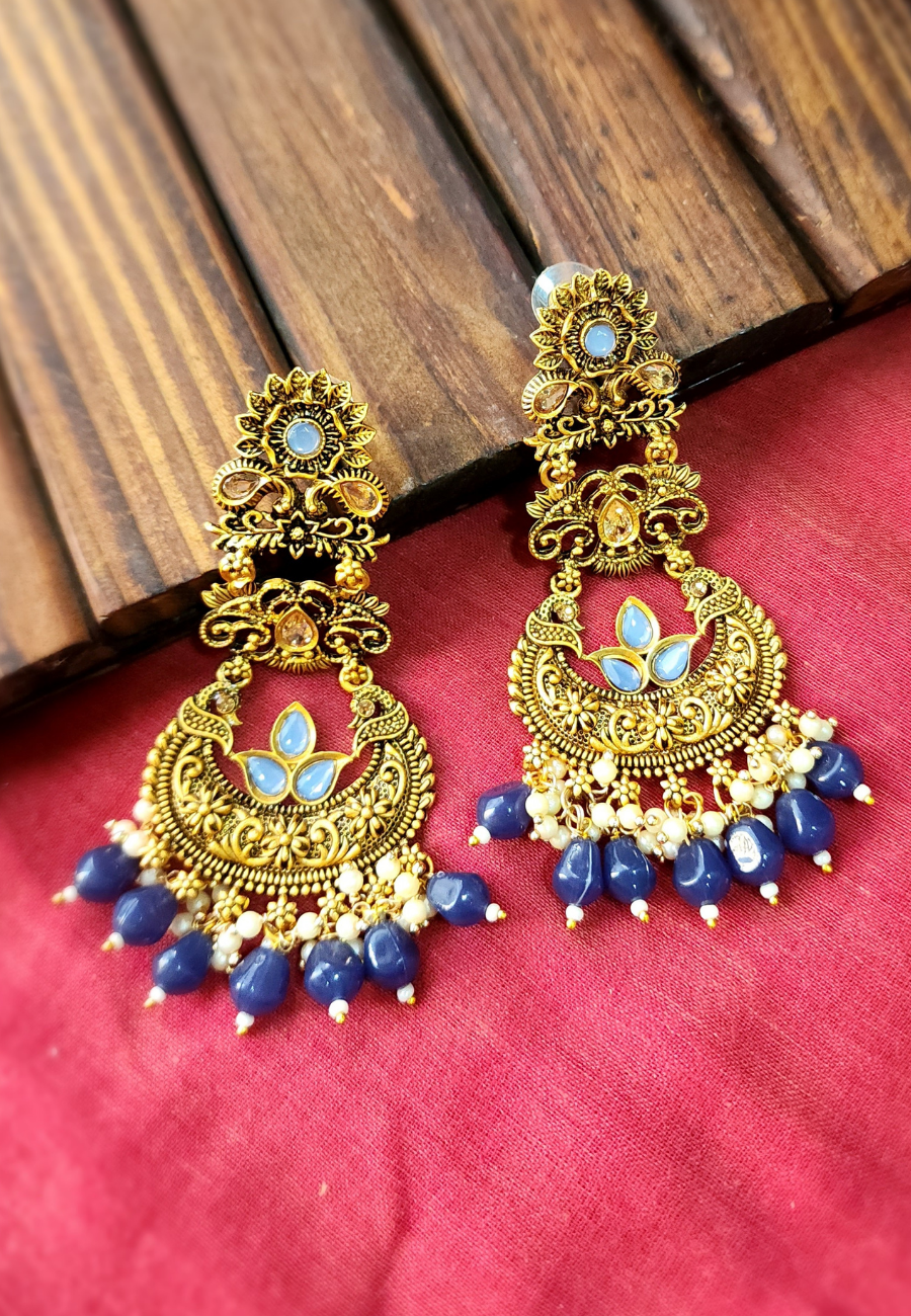 Alakana Blue Antic Temple Jhumar Earrings