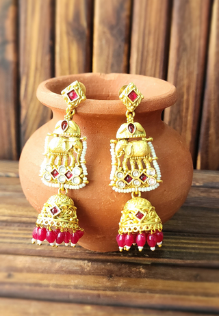 Aadhya Red Matt Temple Jhumka Earrings