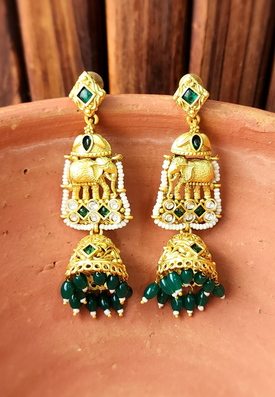 Aadhya Green Matt Temple Jhumka Earrings