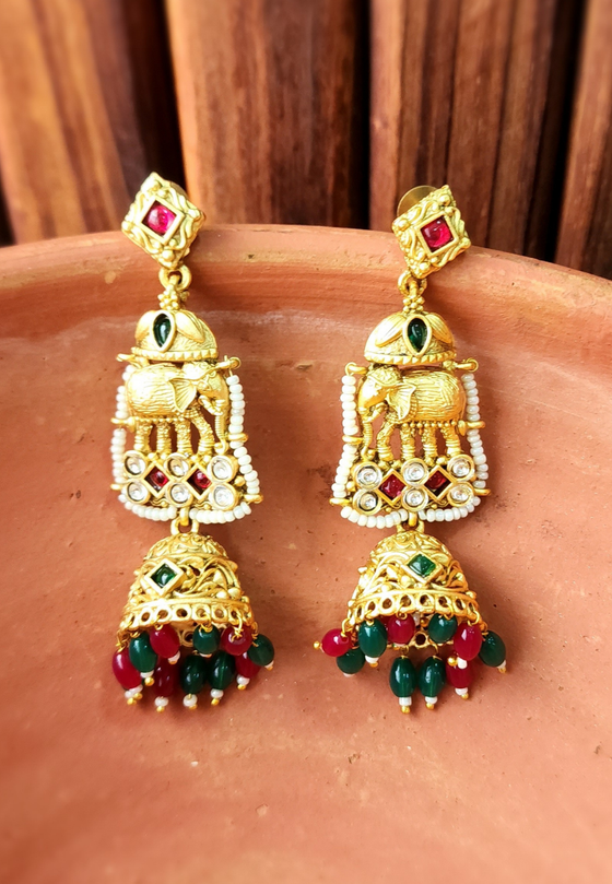 Aadhya Green Red Matt Temple Jhumka Earrings