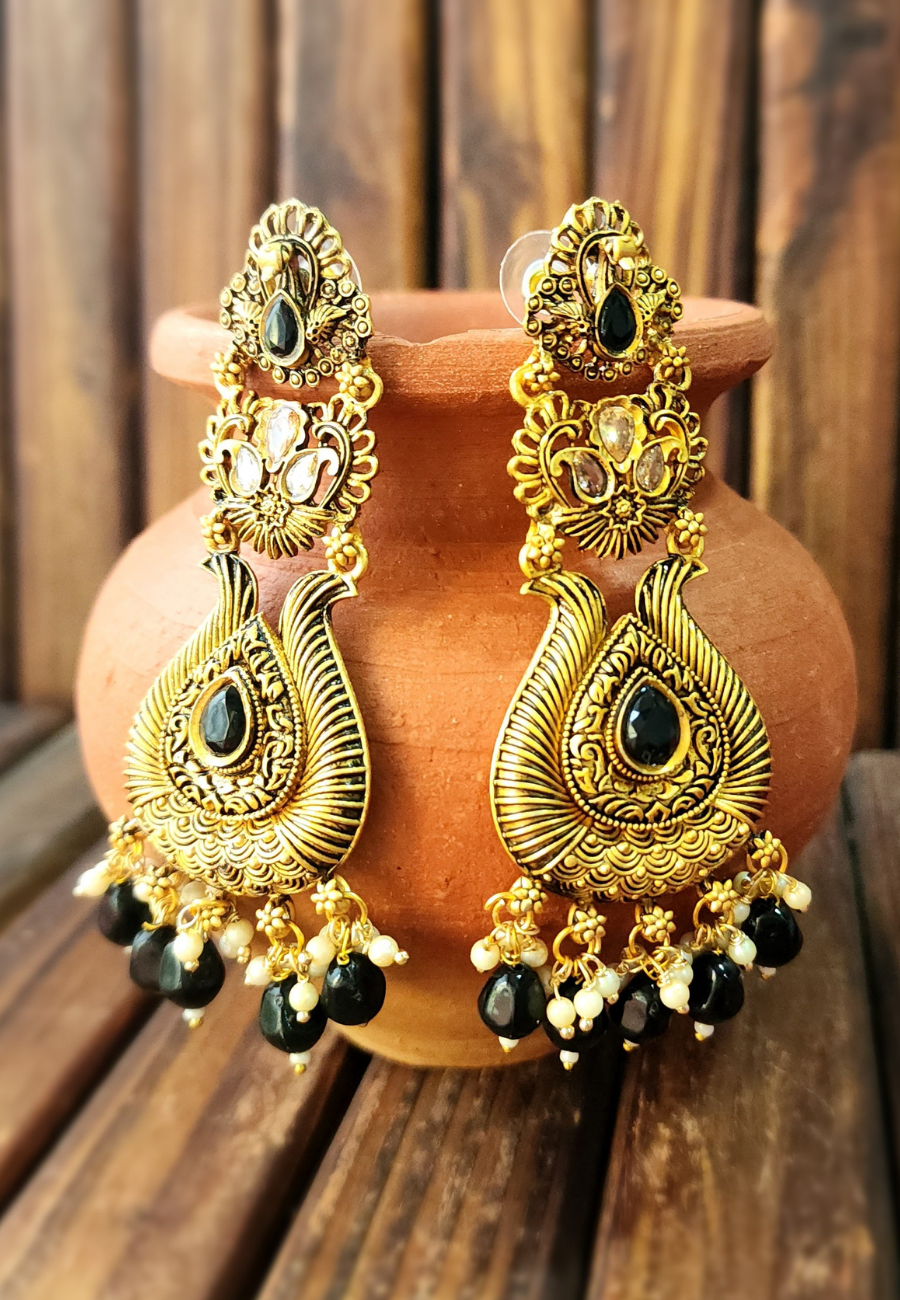 Sulochana Black Antic Temple Jhumar Earrings