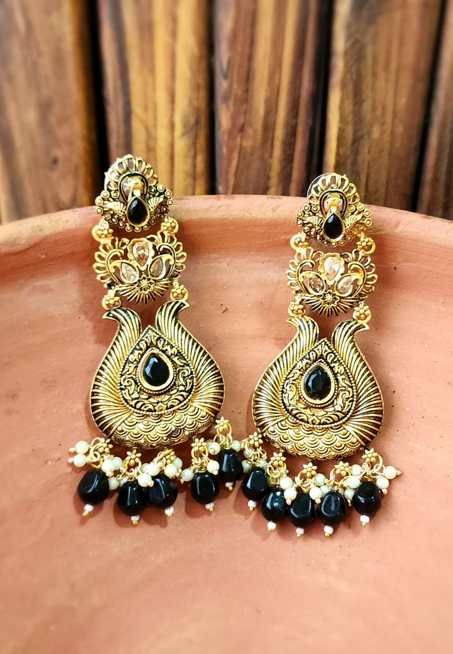 Sulochana Black Antic Temple Jhumar Earrings