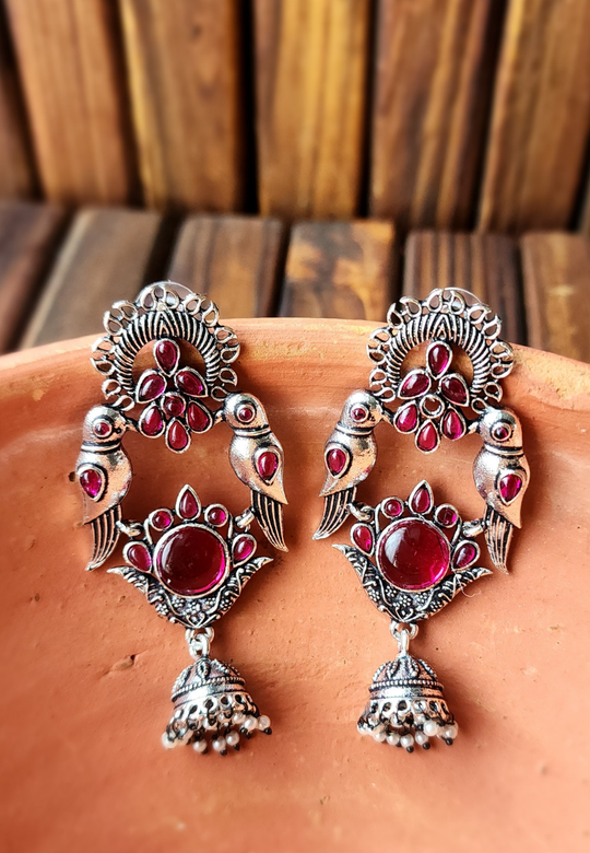 Panchi Red Oxidized Dangler Earrings