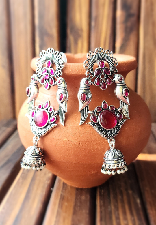 Panchi Red Oxidized Dangler Earrings
