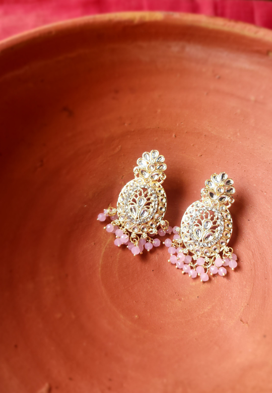 Anvi Baby Pink Kundan Dangler Earrings