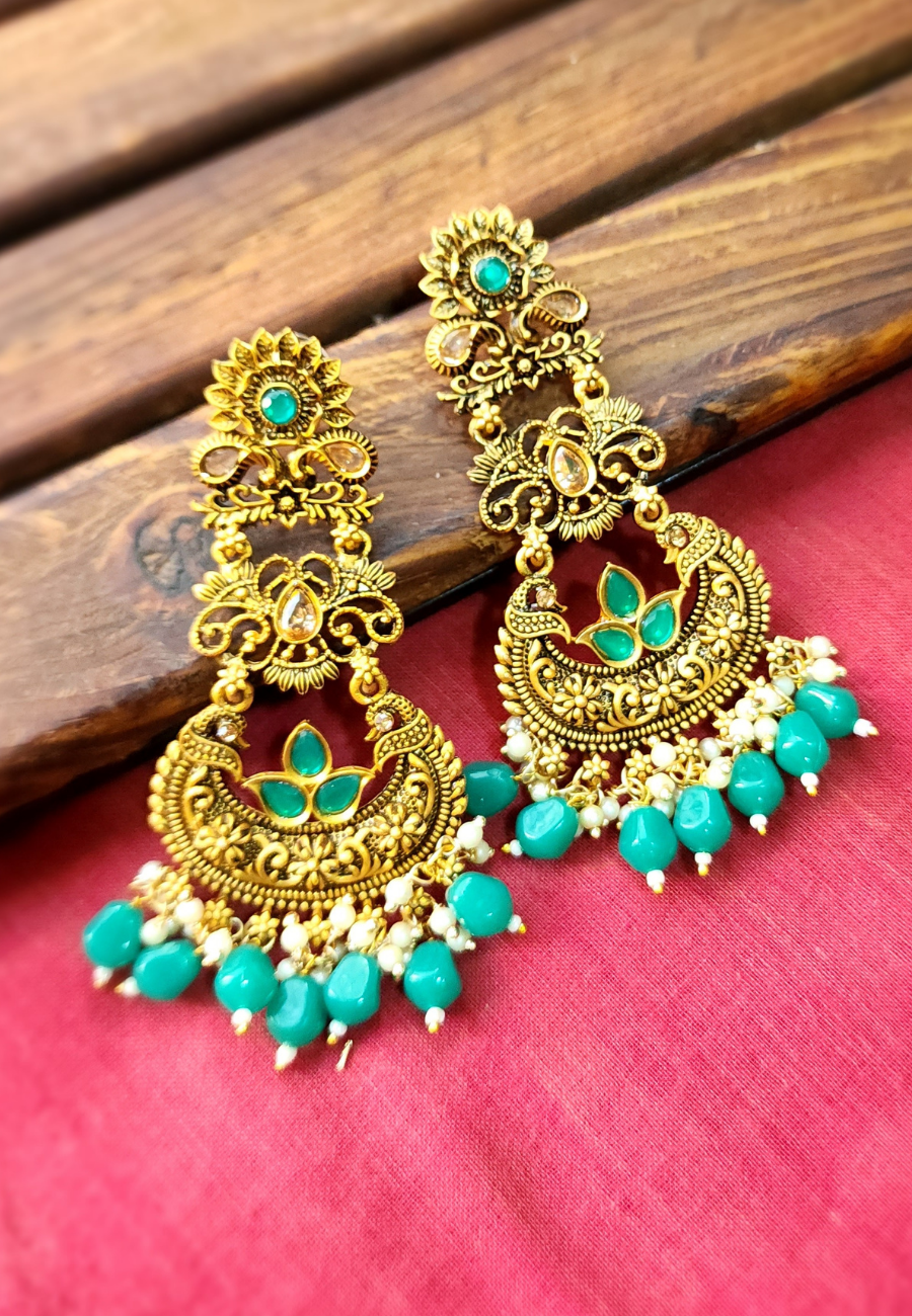 Alakana Emerald Green Antic Temple Jhumar Earrings
