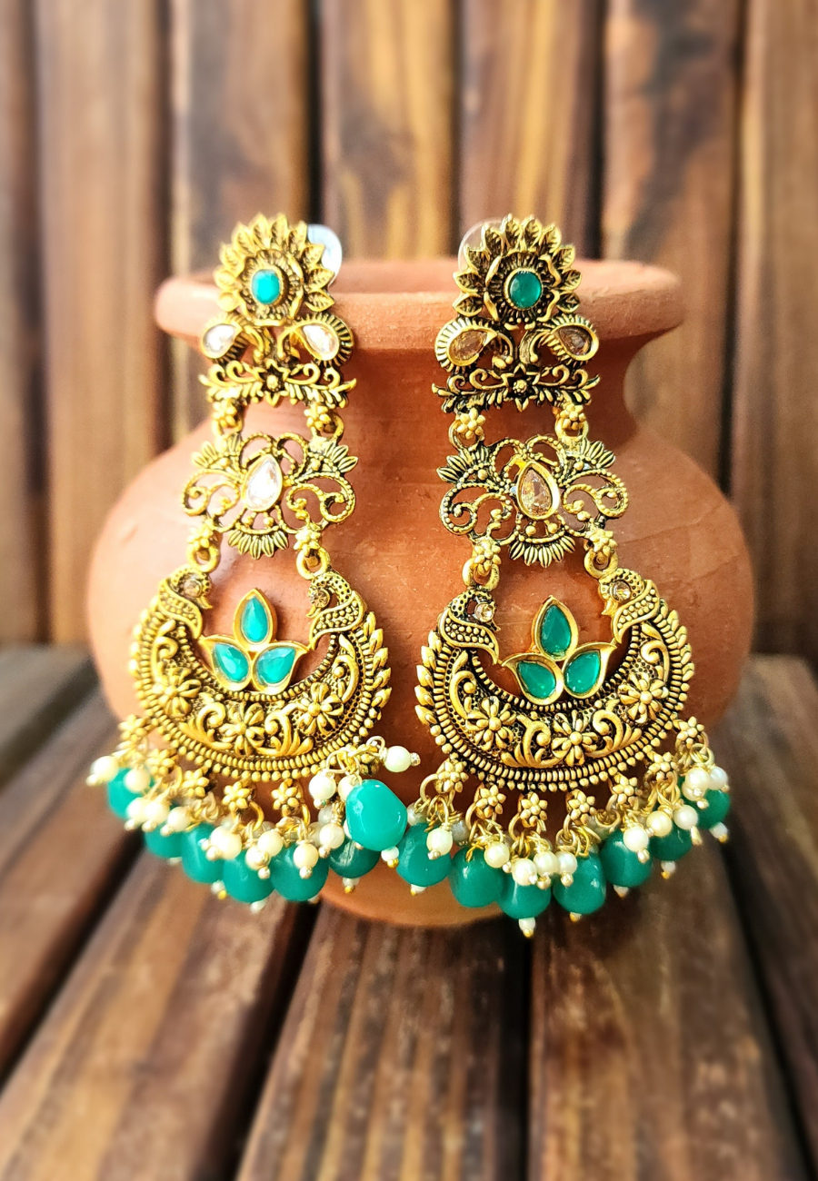 Alakana Emerald Green Antic Temple Jhumar Earrings