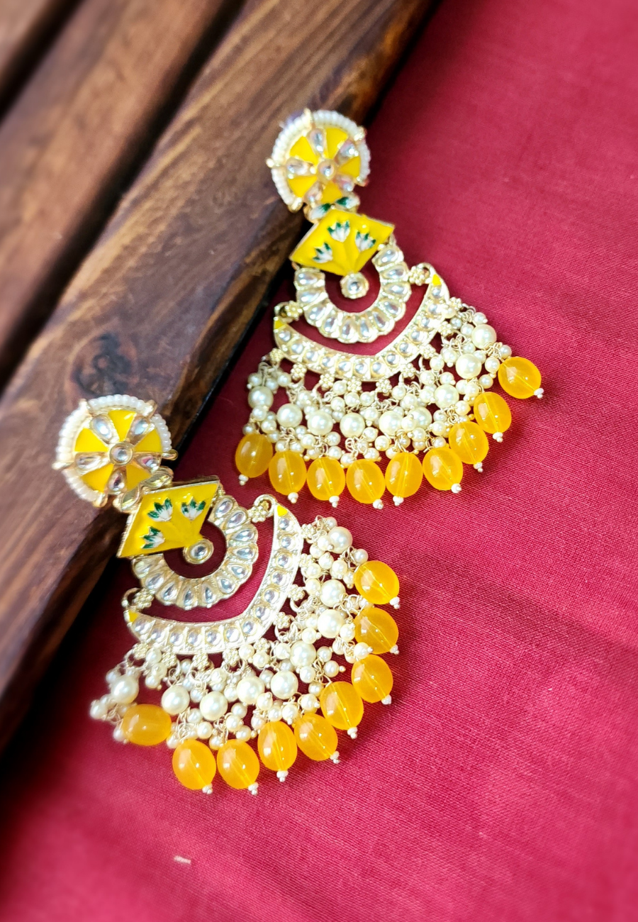 Nandini Yellow Meenakari Pearls Jhumar Earrings
