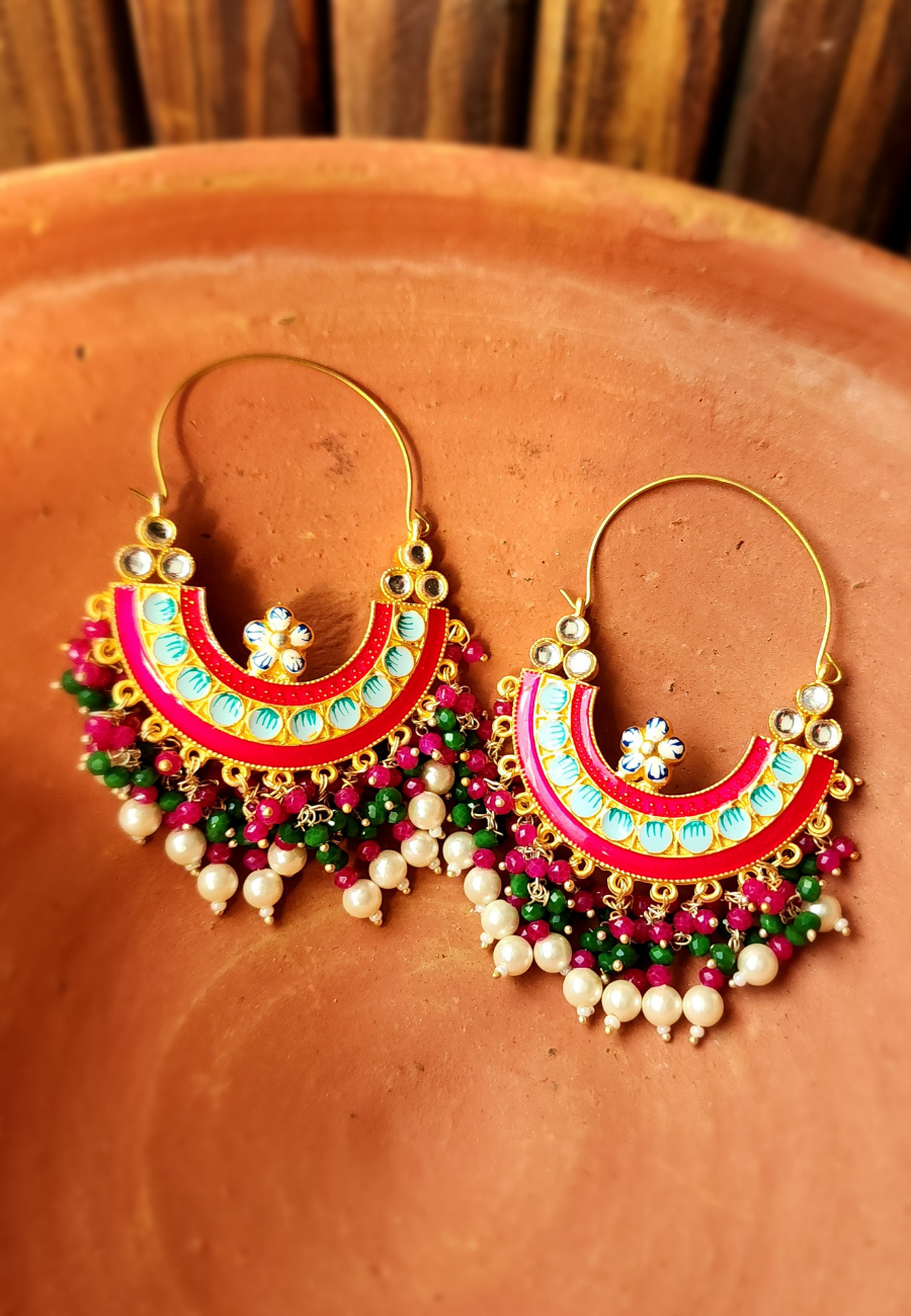 Nargis Green Rani Meenakari Chandbali Earrings