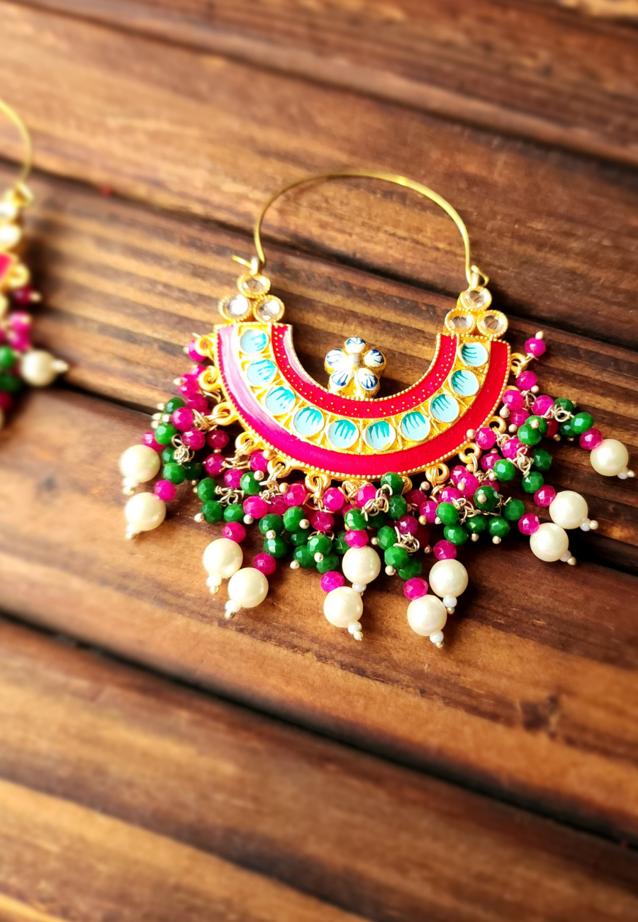 Nargis Green Rani Meenakari Chandbali Earrings
