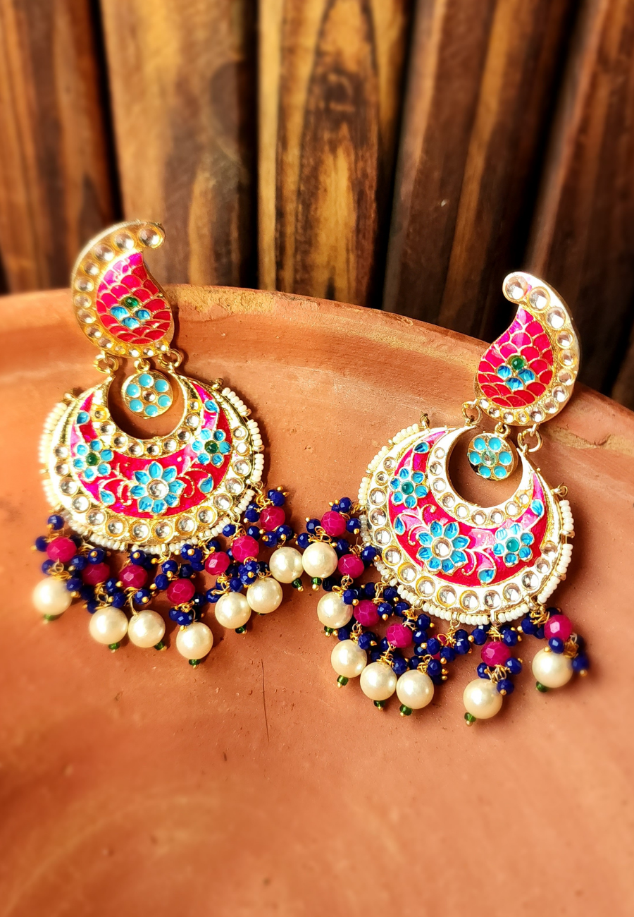Koyal Red Blue Meenakari Chandbali Earrings