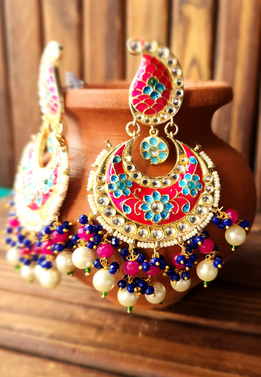 Koyal Red Blue Meenakari Chandbali Earrings