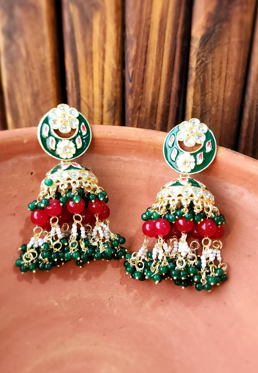 Kavya Green Red Meenakari Kundan Jhumka Earrings