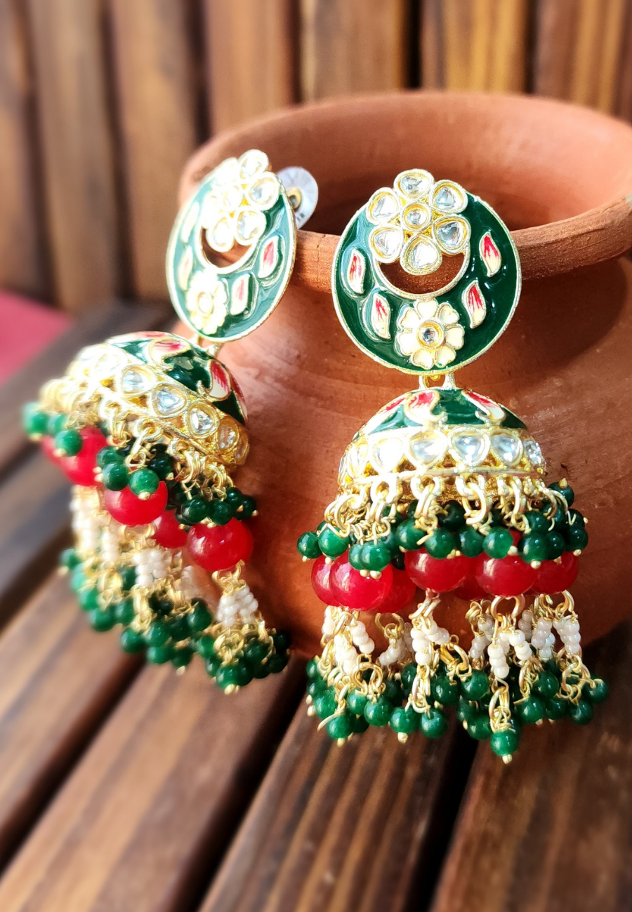 Kavya Green Red Meenakari Kundan Jhumka Earrings