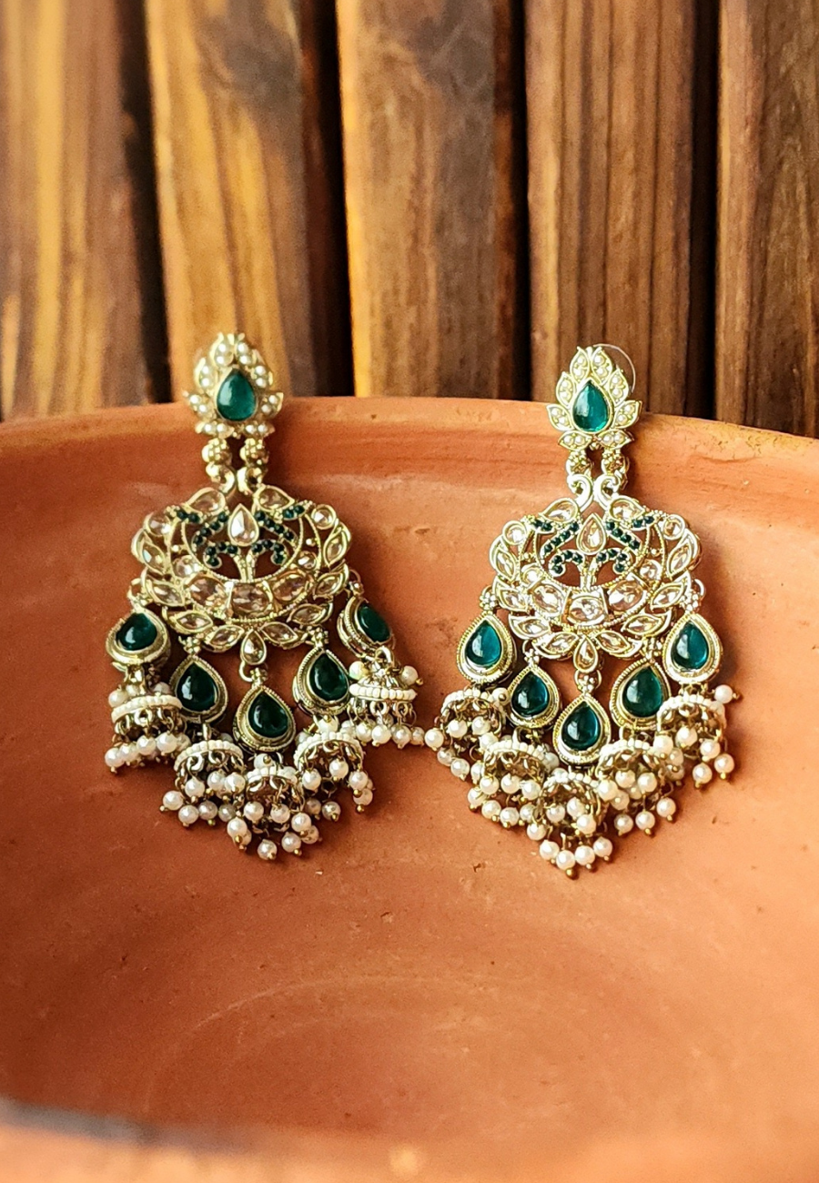 Iqra Emerald Green Kundan Jhumar Earrings