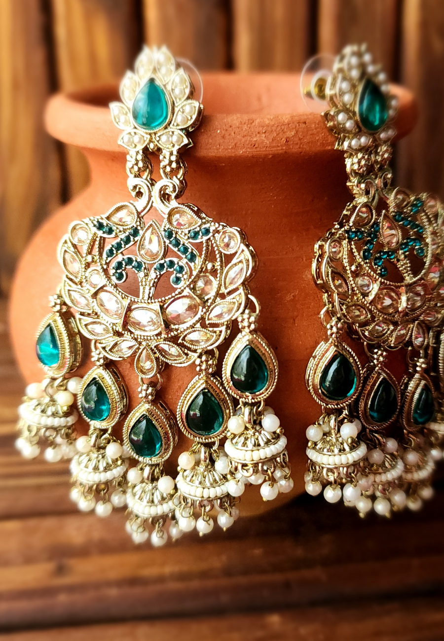 Iqra Emerald Green Kundan Jhumar Earrings